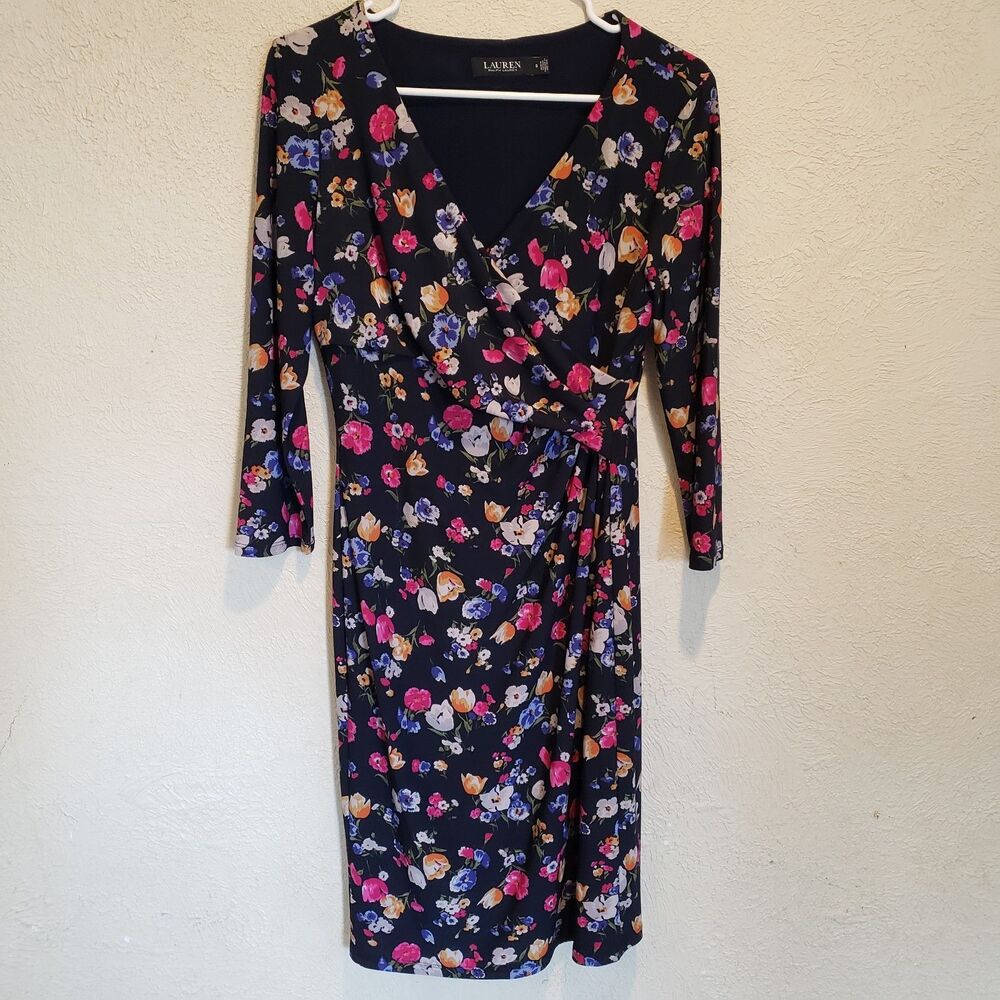 Lauren Ralph Lauren Cleora Front Twisted Floral Jersey Surplice Dress Navy Sz 6